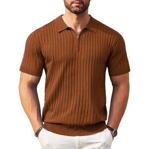 Men's Zipper Polo Shirts Short Sleeve Ribbed Knit Polo T Shirts Brown
